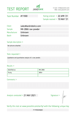 Third-party HPLC lab test report for Androbolics Ostarine MK-2866, report number 11900