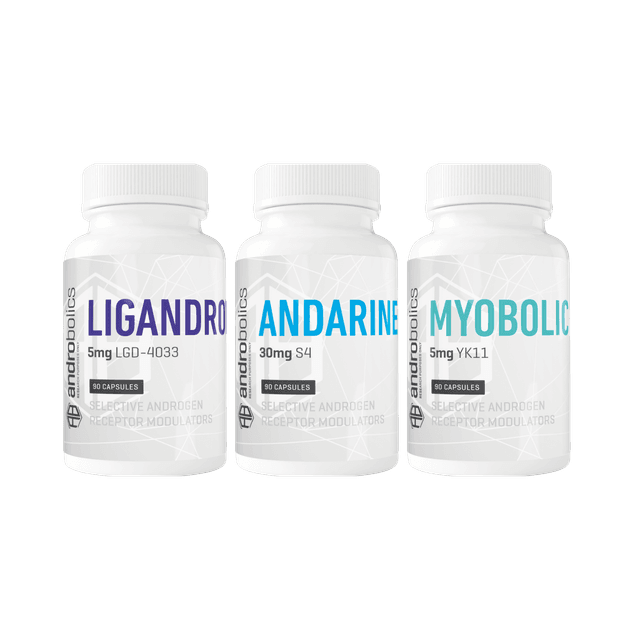 Androbolics Power Advanced SARMs stack: Ligandrol LGD-4033, YK-11 and Andarine S4 bottles