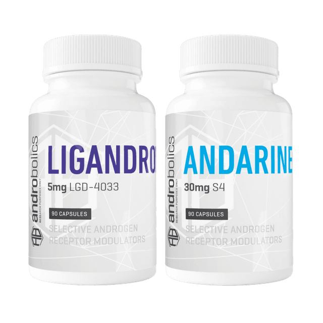 Androbolics Power Essential SARMs stack: Ligandrol LGD-4033 5mg and Andarine S4 30mg bottles, 90 capsules each