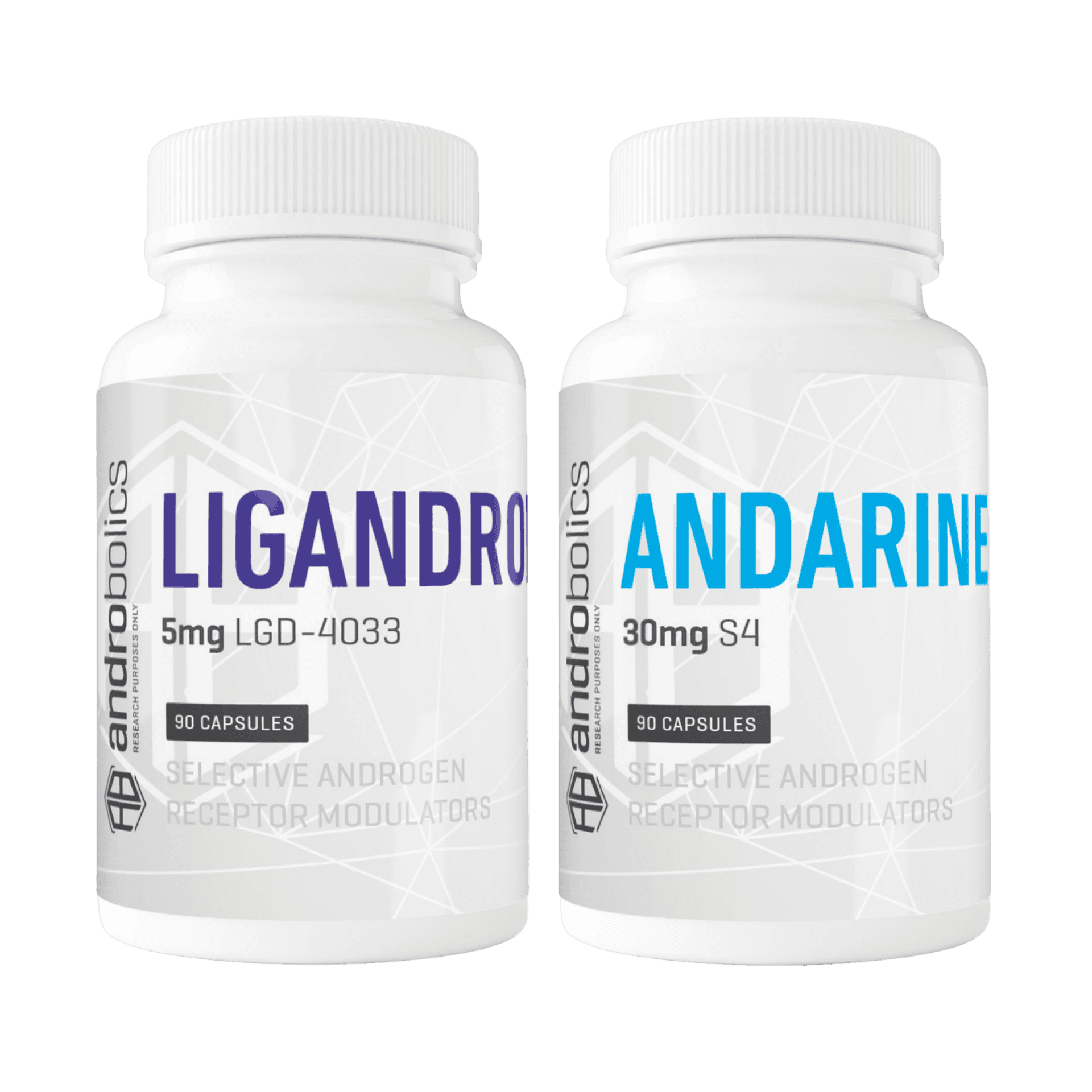 Androbolics Power Essential SARMs stack: Ligandrol LGD-4033 5mg and Andarine S4 30mg bottles, 90 capsules each
