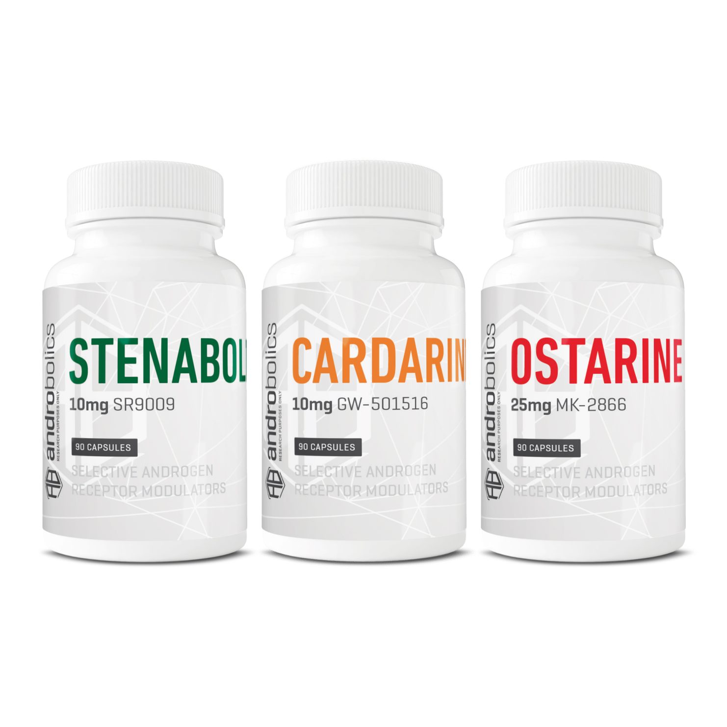 Athlete SARMs Stack with Ostarine, Cardarine, and Stenabolic bottles from Androbolics.