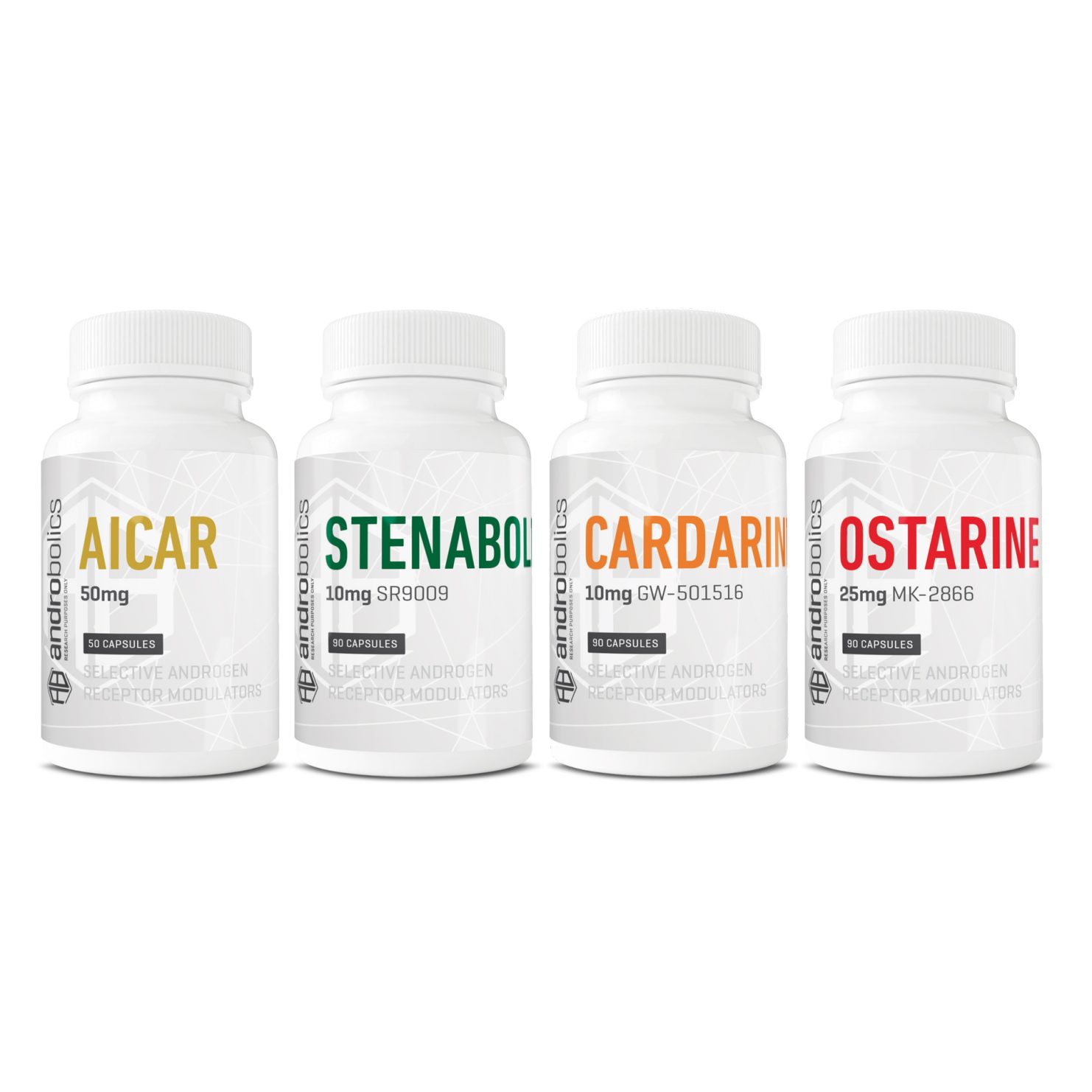 Athlete SARMs Stack with Aicar, Ostarine, Cardarine, and Stenabolic bottles from Androbolics.