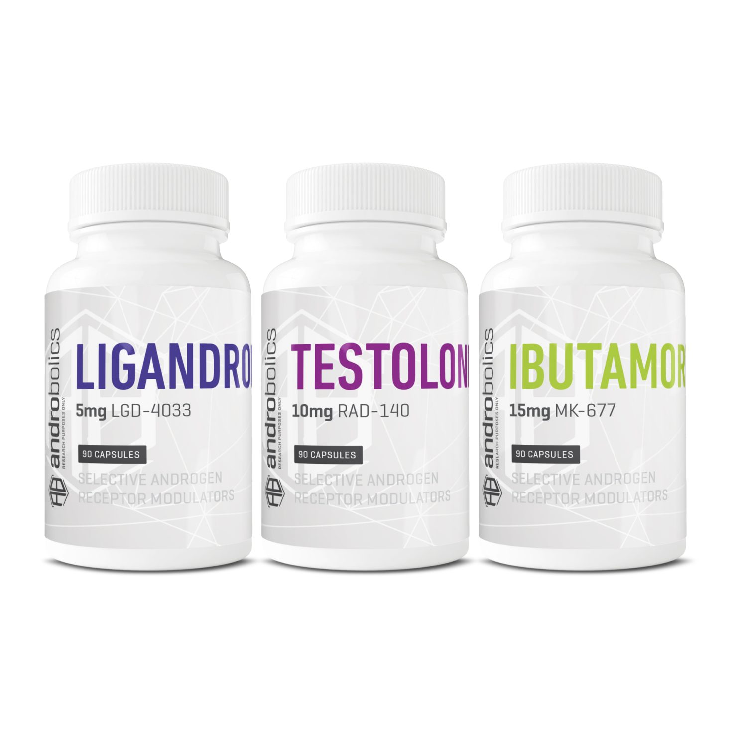 Advanced Muscle Mass SARMs Stack with Ligandrol, Ibutamoren, and Testolone bottles from Androbolics.