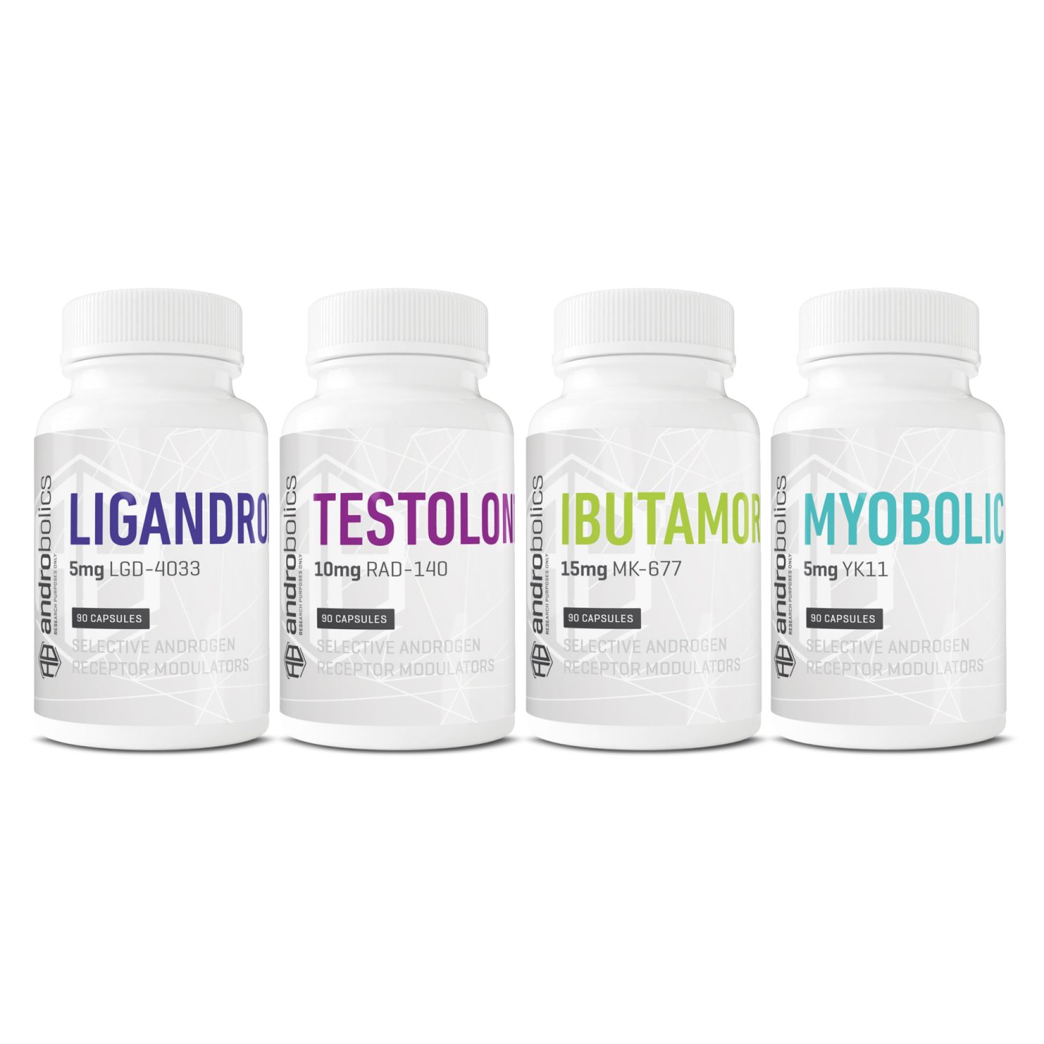 Ultimate Muscle Mass SARMs Stack with Ligandrol, Ibutamoren, Myobolic, and Testolone bottles from Androbolics.