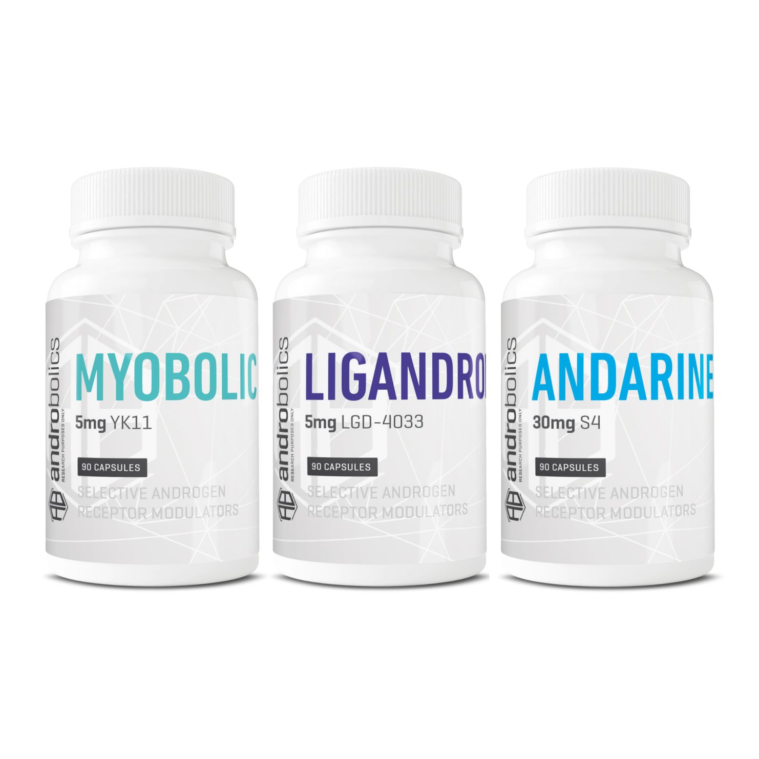 Strength-Boosting SARMs Stack with Ligandrol, Andarine, and Myobolic bottles from Androbolics.