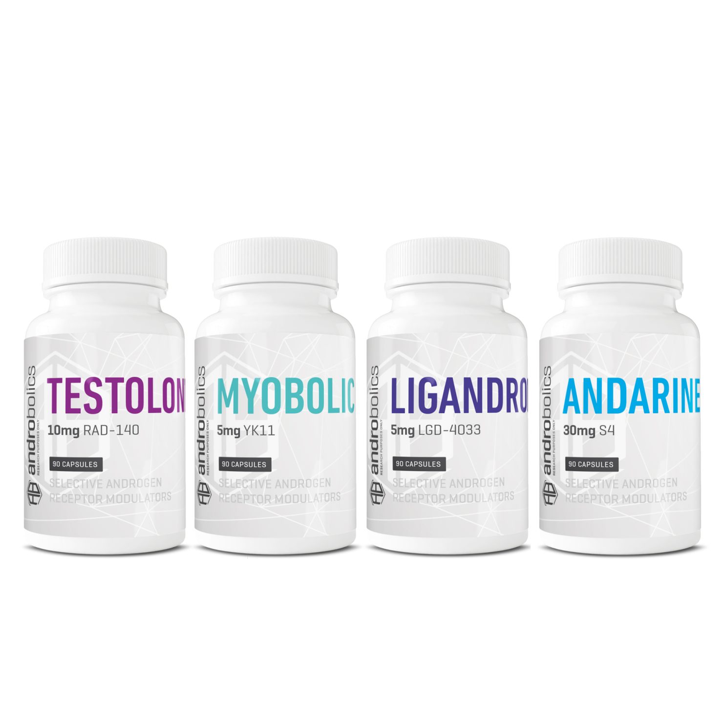 Strength-Boosting SARMs Stack with Ligandrol, Andarine, Myobolic, and Testolone bottles from Androbolics.