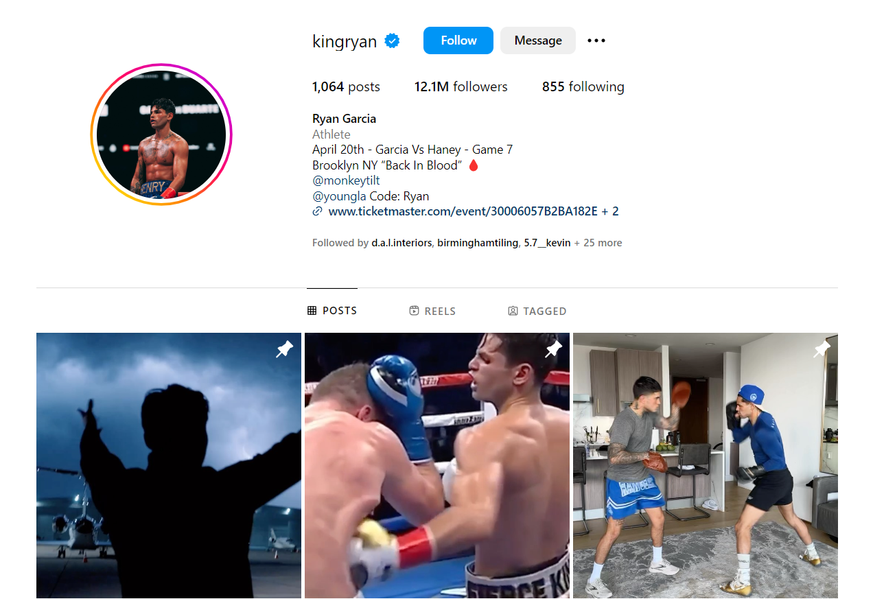 Screenshot of Ryan Garcia instagram page following the Ostarine use after Devin Haney fight