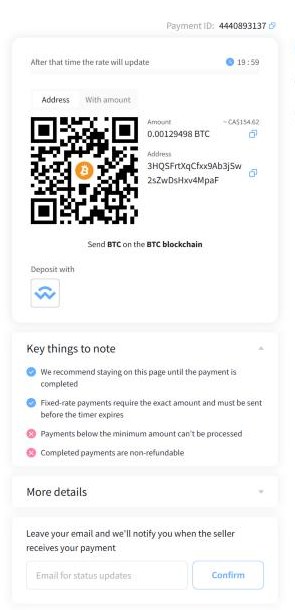 Androbolics crypto payment page showing the exact BTC amount, address and QR code